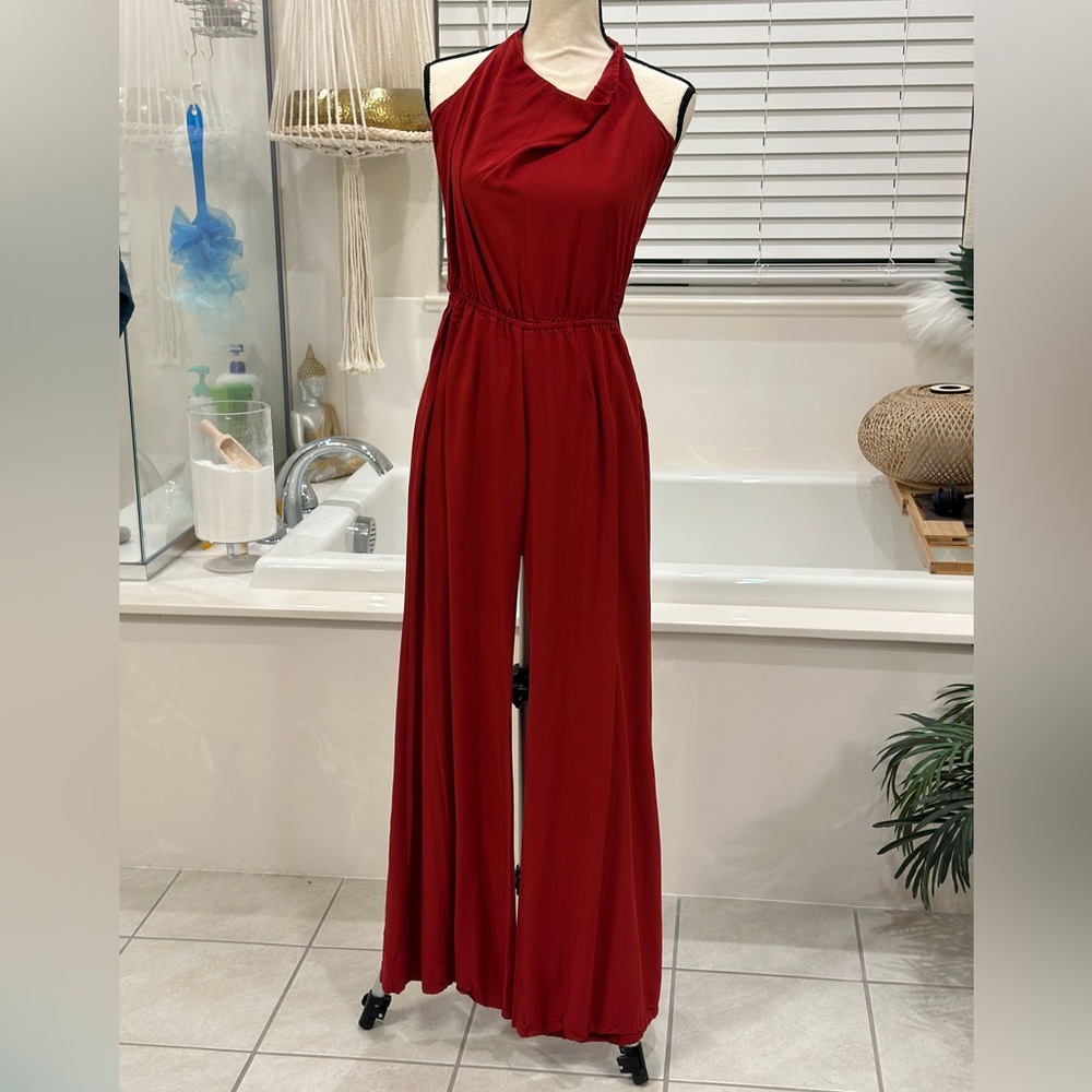 Burgundy halter pants romper